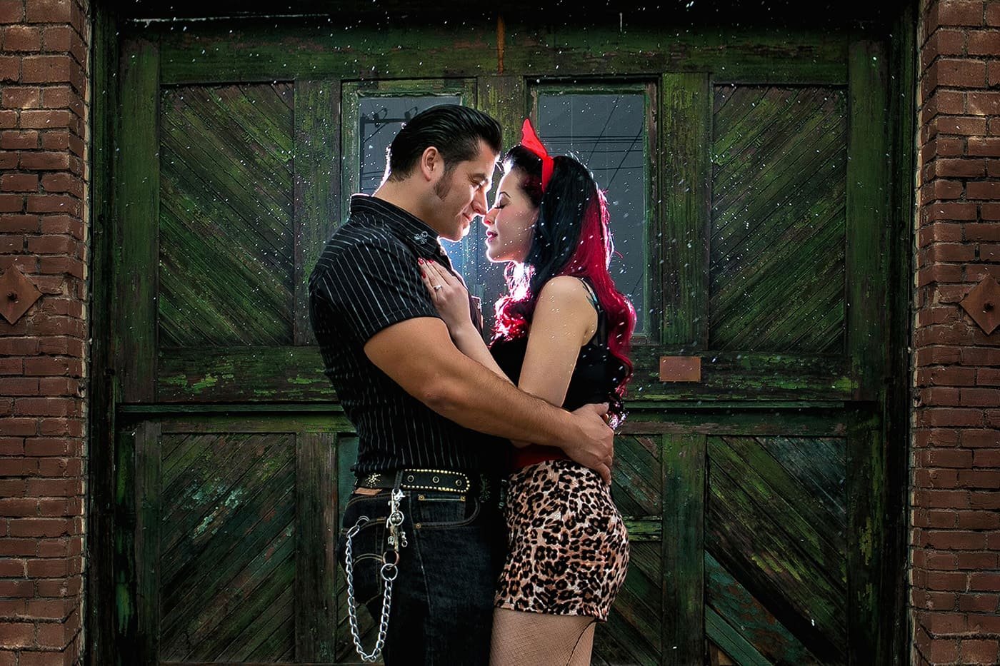 Engagement Photographer LA - Brick wall rockabilly couple engagement IMAGE369