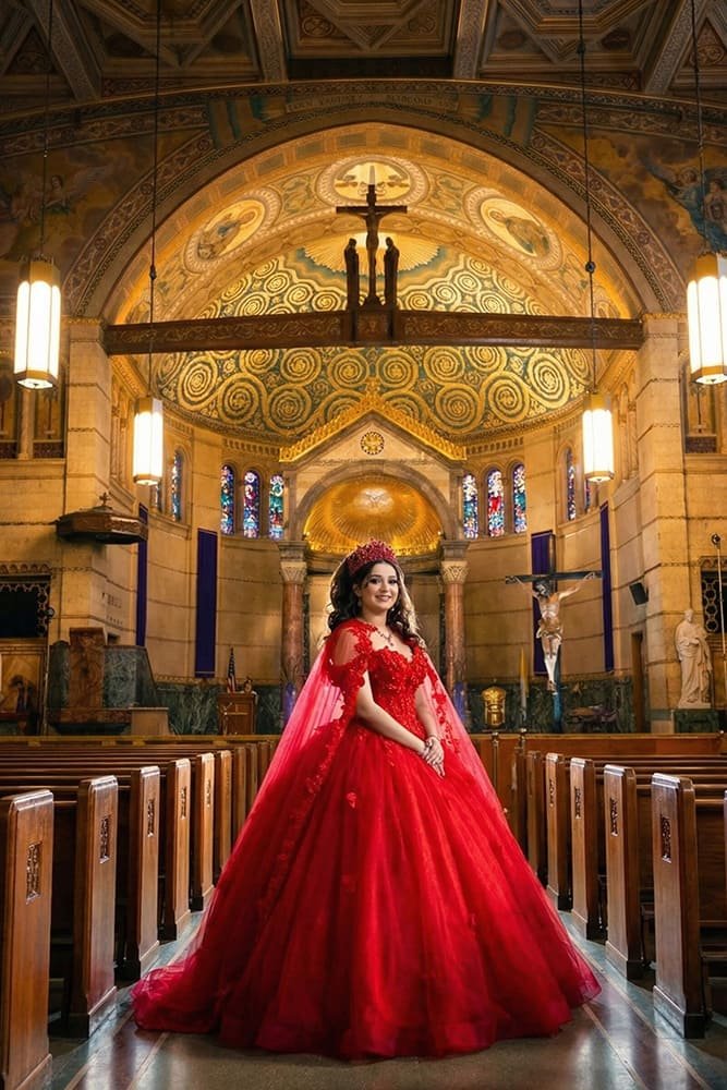 Quinceañera photography Los Angeles Image369 — Quinceañera in red gown inside cathedral